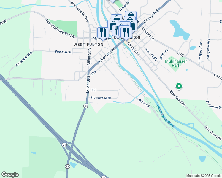 map of restaurants, bars, coffee shops, grocery stores, and more near 412 Riverview Street in Canal Fulton