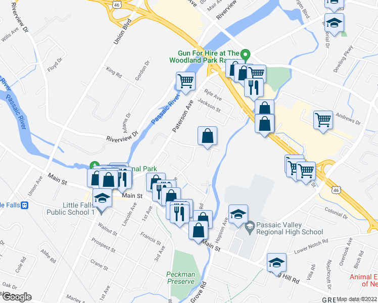 map of restaurants, bars, coffee shops, grocery stores, and more near 45 Sindle Avenue in Little Falls