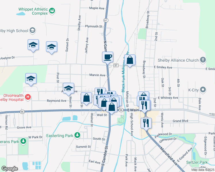 map of restaurants, bars, coffee shops, grocery stores, and more near 34 1/2 North Gamble Street in Shelby