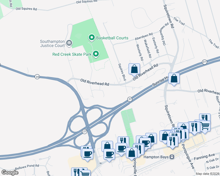 map of restaurants, bars, coffee shops, grocery stores, and more near 105 Old Riverhead Road in Hampton Bays