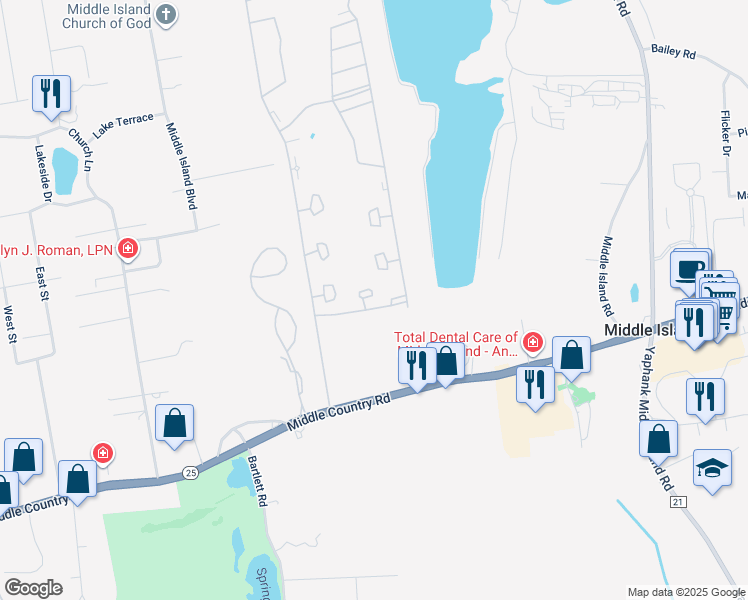 map of restaurants, bars, coffee shops, grocery stores, and more near 15 Eric Drive in Middle Island