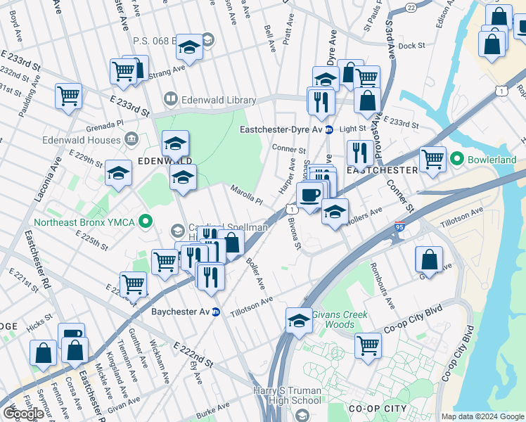map of restaurants, bars, coffee shops, grocery stores, and more near Marolla Place in Bronx