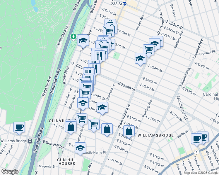 map of restaurants, bars, coffee shops, grocery stores, and more near 762 East 221st Street in The Bronx