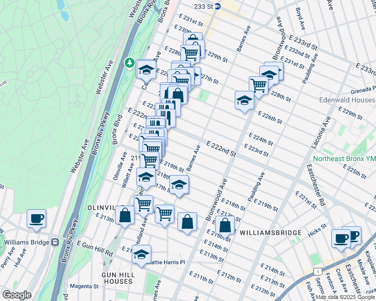 map of restaurants, bars, coffee shops, grocery stores, and more near 762 East 221st Street in The Bronx