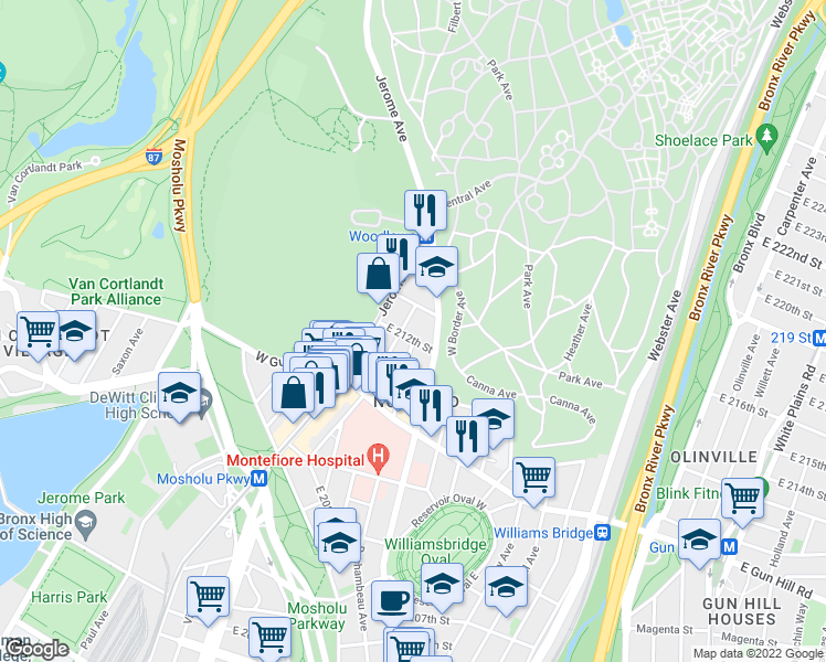 map of restaurants, bars, coffee shops, grocery stores, and more near 3594 Bainbridge Avenue in Bronx