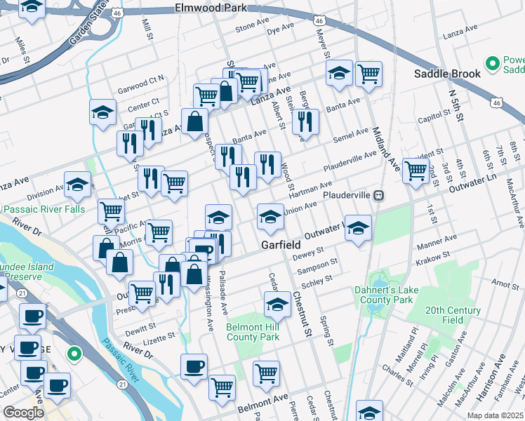 map of restaurants, bars, coffee shops, grocery stores, and more near 54 Main Street in Garfield