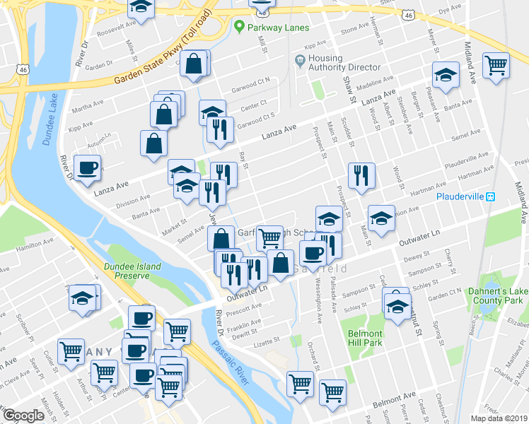 map of restaurants, bars, coffee shops, grocery stores, and more near 116 Ray Street in Garfield