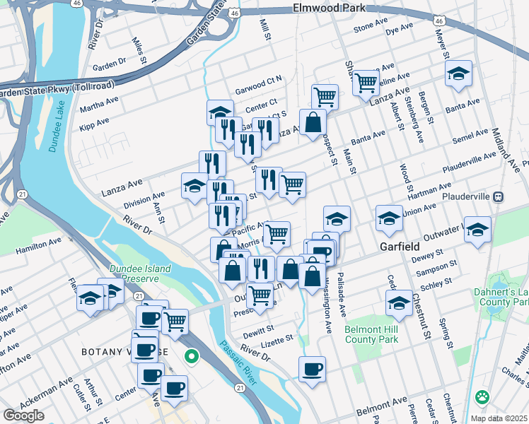 map of restaurants, bars, coffee shops, grocery stores, and more near 116 Ray Street in Garfield