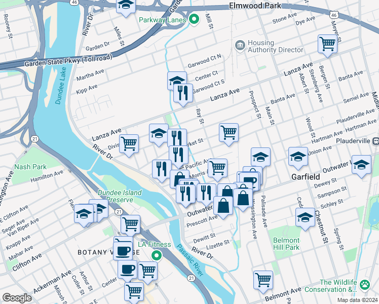 map of restaurants, bars, coffee shops, grocery stores, and more near 94 Semel Avenue in Garfield