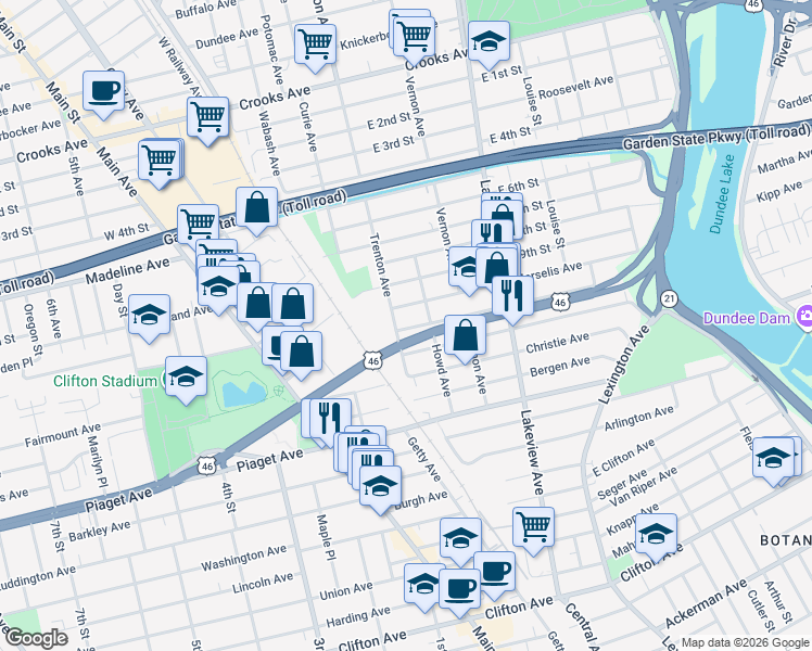 map of restaurants, bars, coffee shops, grocery stores, and more near 195 East 11th Street in Clifton