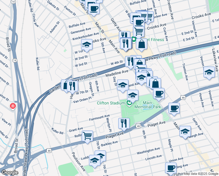 map of restaurants, bars, coffee shops, grocery stores, and more near 108 Vreeland Avenue in Clifton