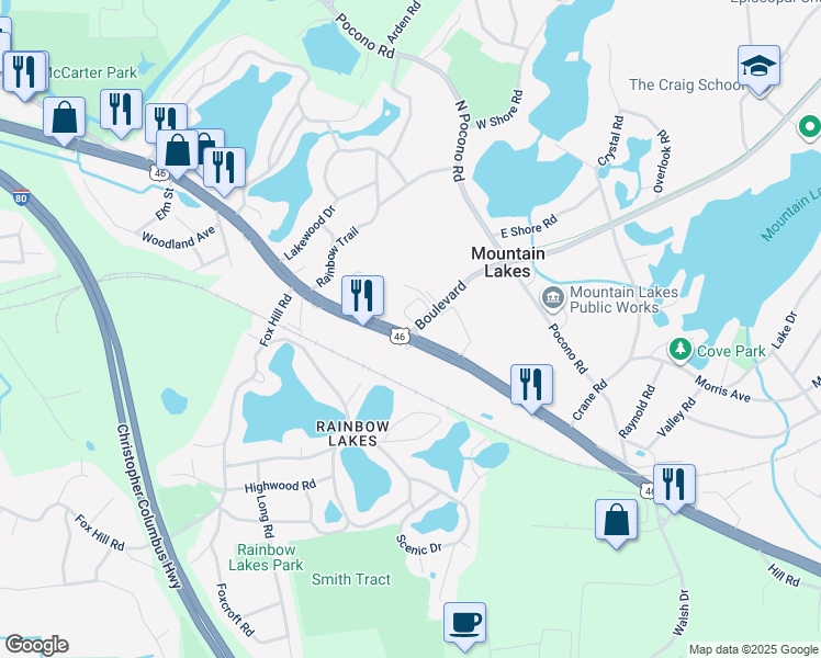 map of restaurants, bars, coffee shops, grocery stores, and more near 145 U.S. 46 in Mountain Lakes