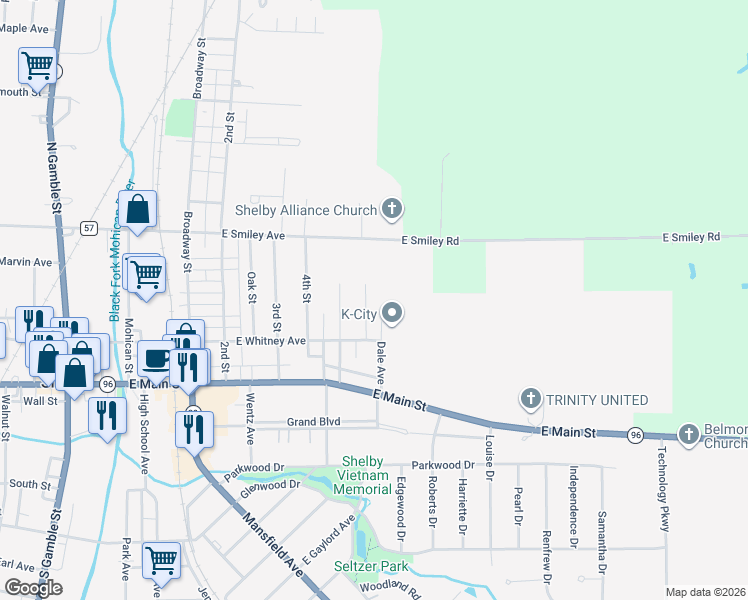 map of restaurants, bars, coffee shops, grocery stores, and more near 23 6th Street in Shelby