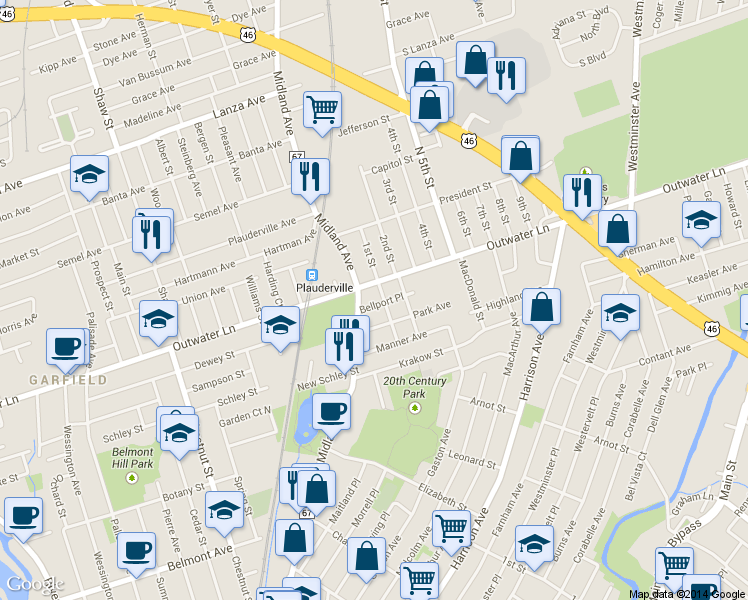 map of restaurants, bars, coffee shops, grocery stores, and more near 17 Bellport Place in Garfield