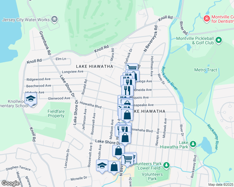 map of restaurants, bars, coffee shops, grocery stores, and more near 74 Iroquois Avenue in Parsippany-Troy Hills