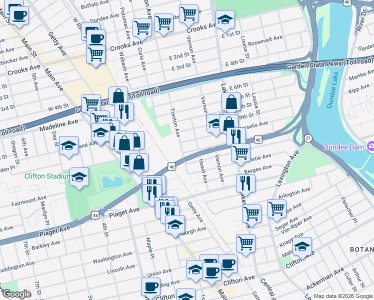 map of restaurants, bars, coffee shops, grocery stores, and more near 195 East 11th Street in Clifton