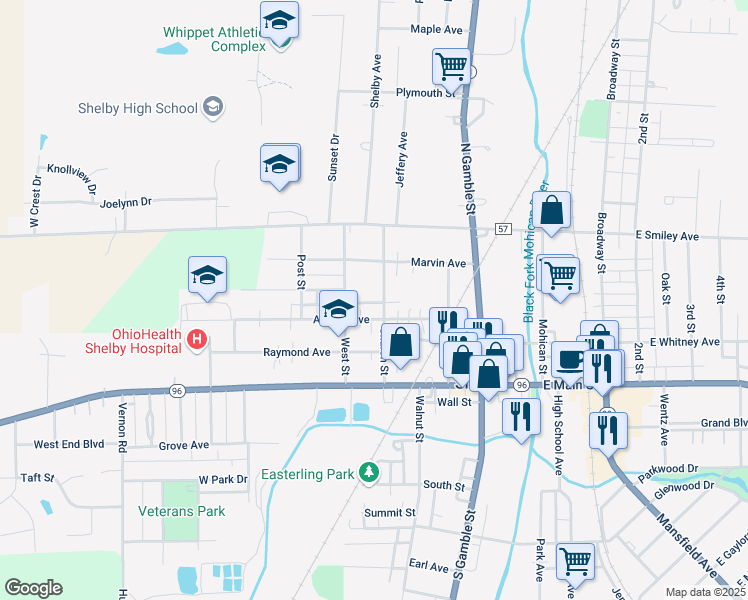 map of restaurants, bars, coffee shops, grocery stores, and more near 40 Sharon St in Shelby