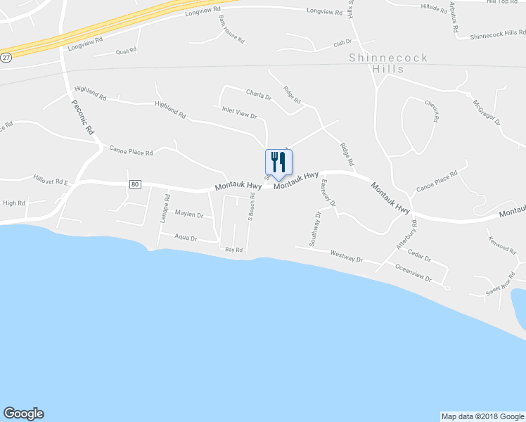 map of restaurants, bars, coffee shops, grocery stores, and more near 16 South Beach Road in Southampton