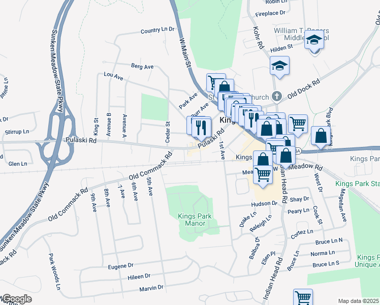 map of restaurants, bars, coffee shops, grocery stores, and more near 126 Pulaski Rd in Kings Park