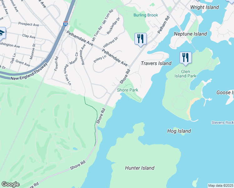 map of restaurants, bars, coffee shops, grocery stores, and more near 42 Shore Road in Pelham Manor
