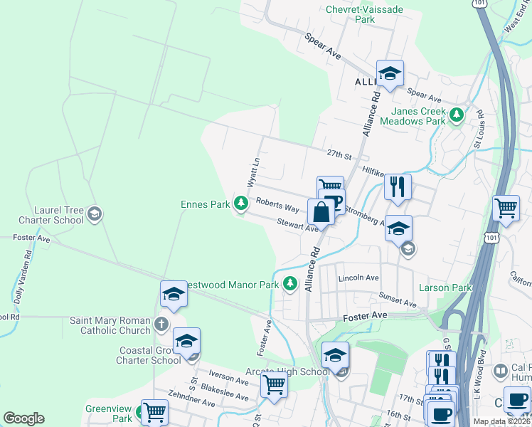 map of restaurants, bars, coffee shops, grocery stores, and more near 1821 Stewart Avenue in Arcata