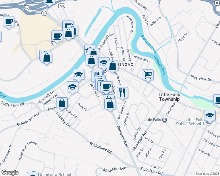 map of restaurants, bars, coffee shops, grocery stores, and more near 66 Grove Street in Little Falls