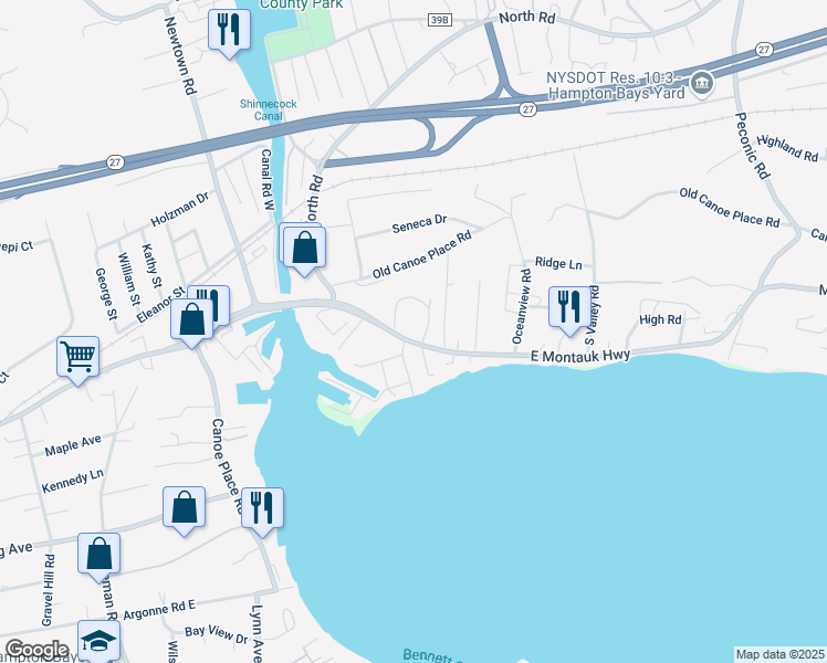 map of restaurants, bars, coffee shops, grocery stores, and more near 259 East Montauk Highway in Hampton Bays