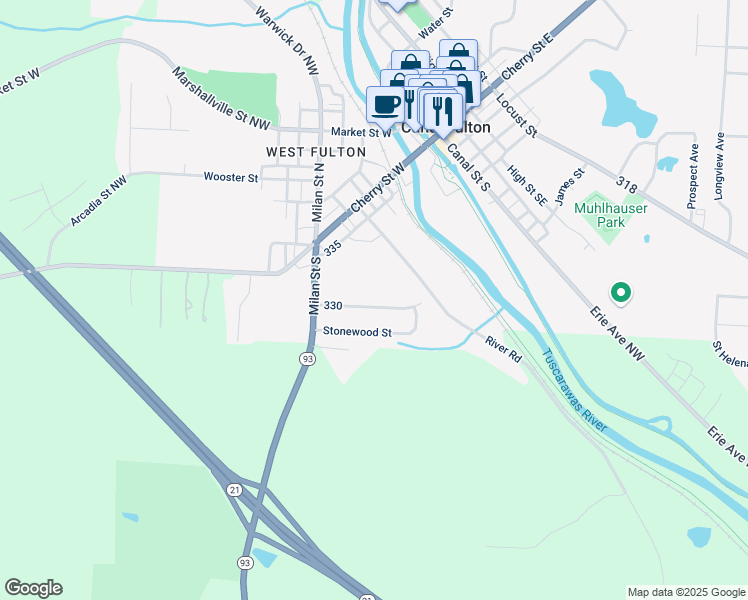 map of restaurants, bars, coffee shops, grocery stores, and more near 412 Riverview Street in Canal Fulton