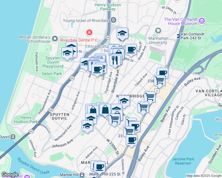 map of restaurants, bars, coffee shops, grocery stores, and more near 3401 Riverdale Avenue in Bronx