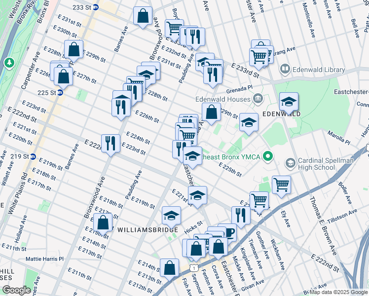 map of restaurants, bars, coffee shops, grocery stores, and more near 3963 Laconia Avenue in The Bronx
