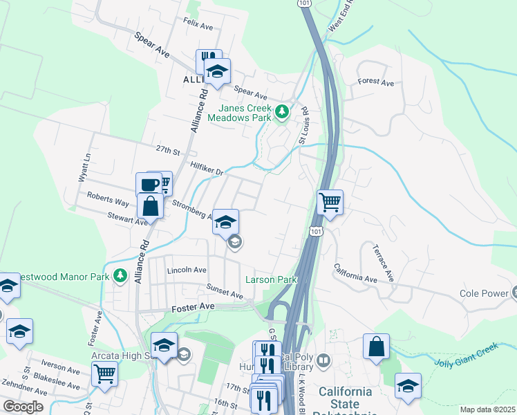map of restaurants, bars, coffee shops, grocery stores, and more near 2528 Maple Lane in Arcata