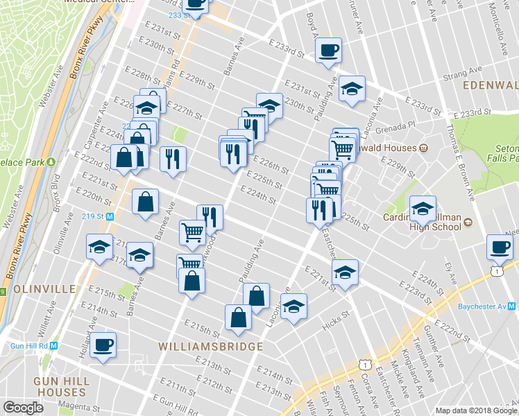 map of restaurants, bars, coffee shops, grocery stores, and more near 949 East 223rd Street in Bronx