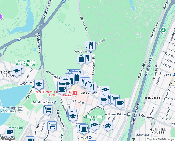 map of restaurants, bars, coffee shops, grocery stores, and more near 3572 Dekalb Avenue in The Bronx