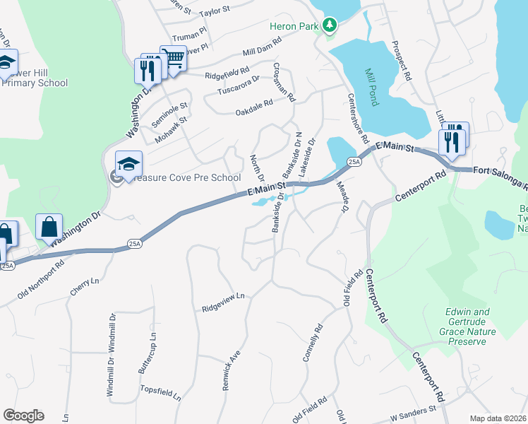 map of restaurants, bars, coffee shops, grocery stores, and more near 4 Forest Drive in Centerport