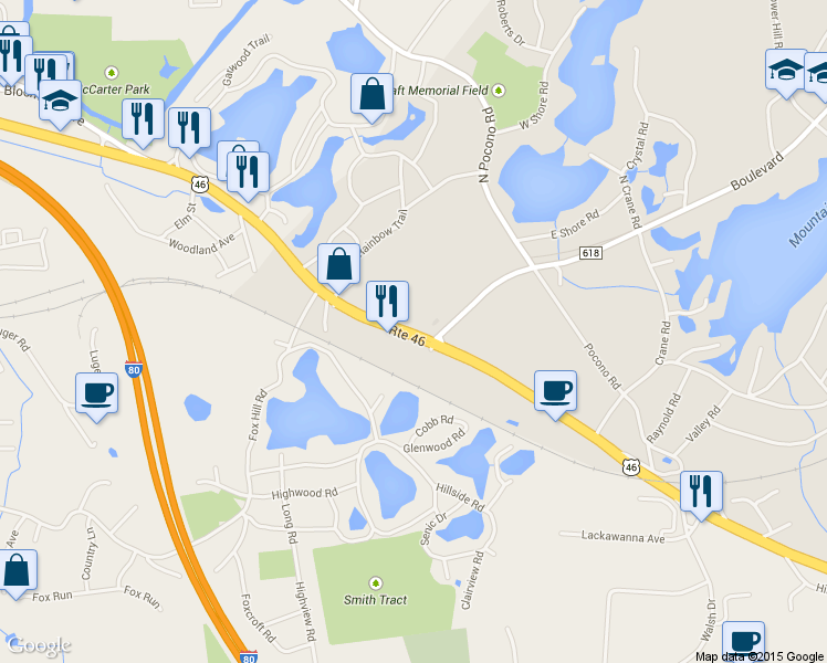 map of restaurants, bars, coffee shops, grocery stores, and more near 145 U.S. 46 in Mountain Lakes