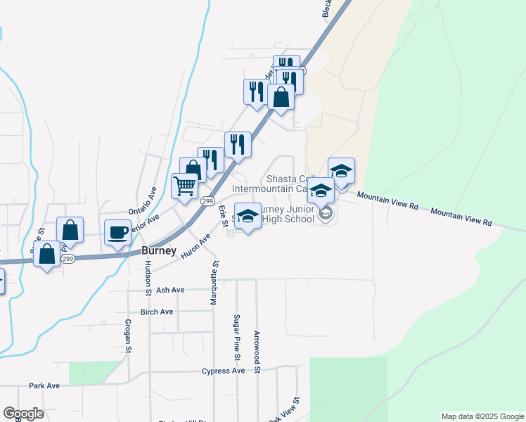 map of restaurants, bars, coffee shops, grocery stores, and more near 20471 Quebec Street in Burney