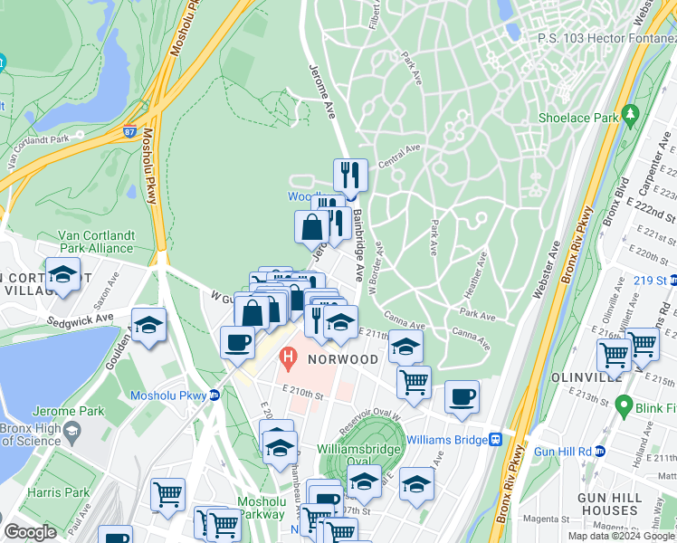 map of restaurants, bars, coffee shops, grocery stores, and more near 3594 Bainbridge Avenue in Bronx