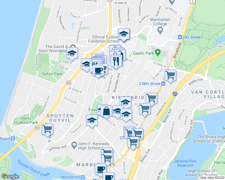 map of restaurants, bars, coffee shops, grocery stores, and more near 3251 Riverdale Avenue in Bronx
