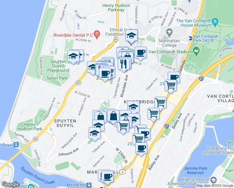 map of restaurants, bars, coffee shops, grocery stores, and more near 3251 Riverdale Avenue in Bronx