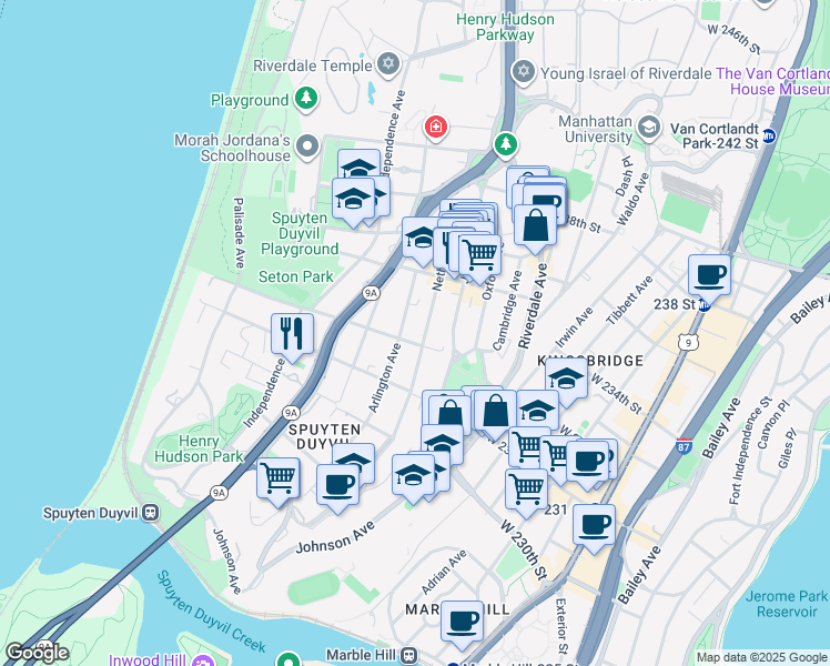 map of restaurants, bars, coffee shops, grocery stores, and more near 600 West 232nd Street in Bronx