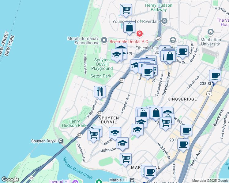 map of restaurants, bars, coffee shops, grocery stores, and more near 3127 Fairfield Avenue in Bronx