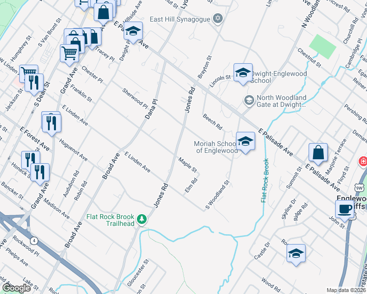 map of restaurants, bars, coffee shops, grocery stores, and more near 127 Jones Road in Englewood