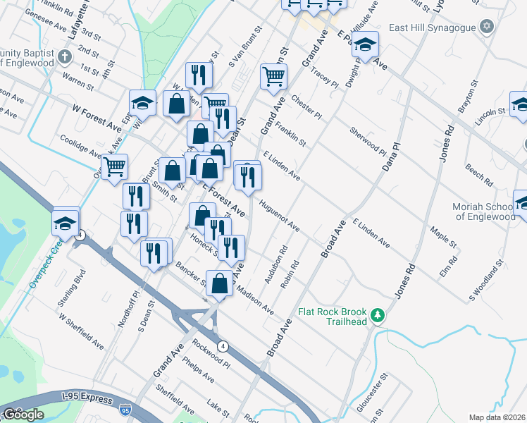 map of restaurants, bars, coffee shops, grocery stores, and more near 285 Grand Avenue in Englewood