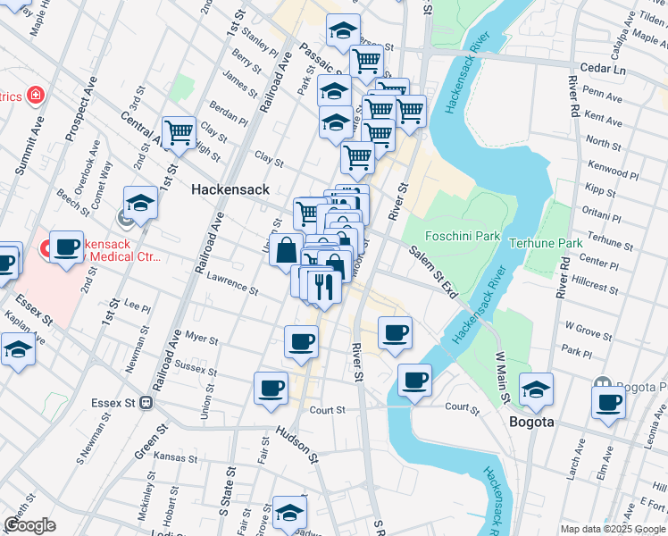 map of restaurants, bars, coffee shops, grocery stores, and more near 179D Main Street in Hackensack
