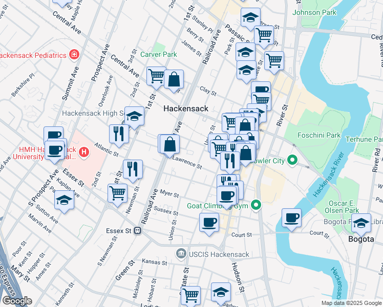 map of restaurants, bars, coffee shops, grocery stores, and more near 114 Lawrence Street in Hackensack