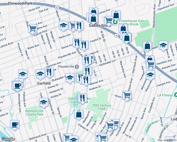 map of restaurants, bars, coffee shops, grocery stores, and more near 17 Bellport Place in Garfield