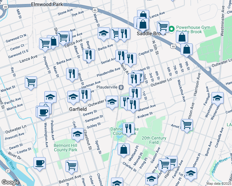 map of restaurants, bars, coffee shops, grocery stores, and more near 351 Outwater Lane in Garfield