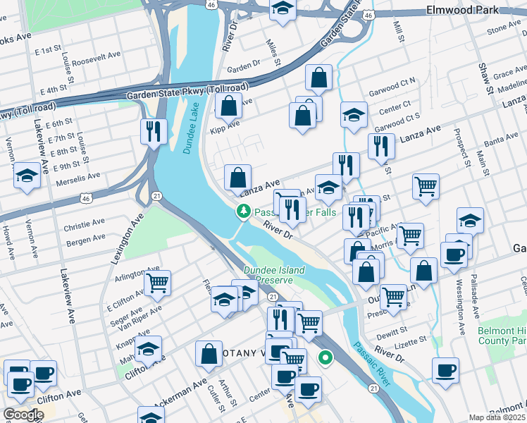 map of restaurants, bars, coffee shops, grocery stores, and more near 848 River Drive in Garfield