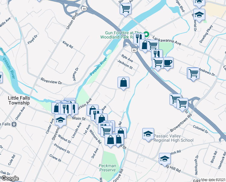 map of restaurants, bars, coffee shops, grocery stores, and more near 45 Sindle Avenue in Little Falls