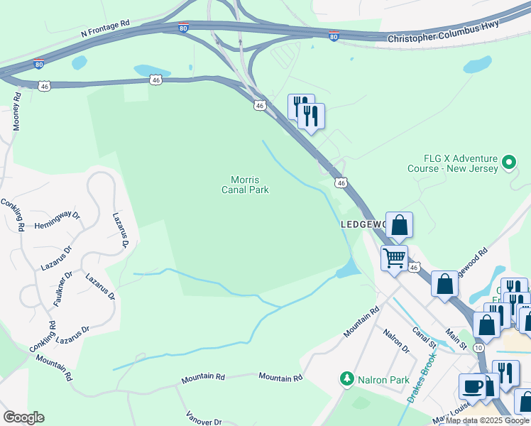 map of restaurants, bars, coffee shops, grocery stores, and more near 1800 U.S. 46 in Roxbury Township